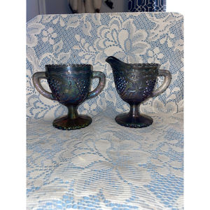 Beautiful Vintage Antique Carnival Glass, sugar and creamer set. Peacock colors
